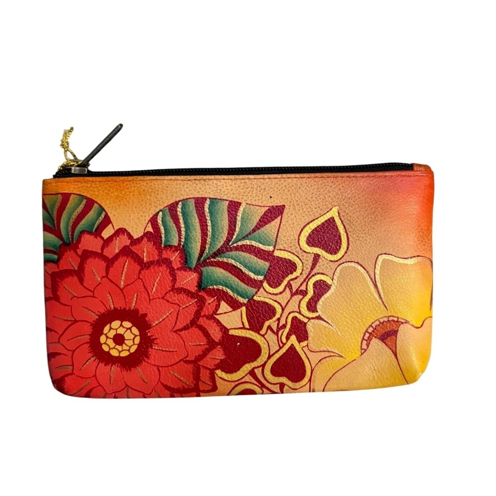 Anuschka Leather Cosmetic Pouch Women Small Orange Hand Painted Floral Clear